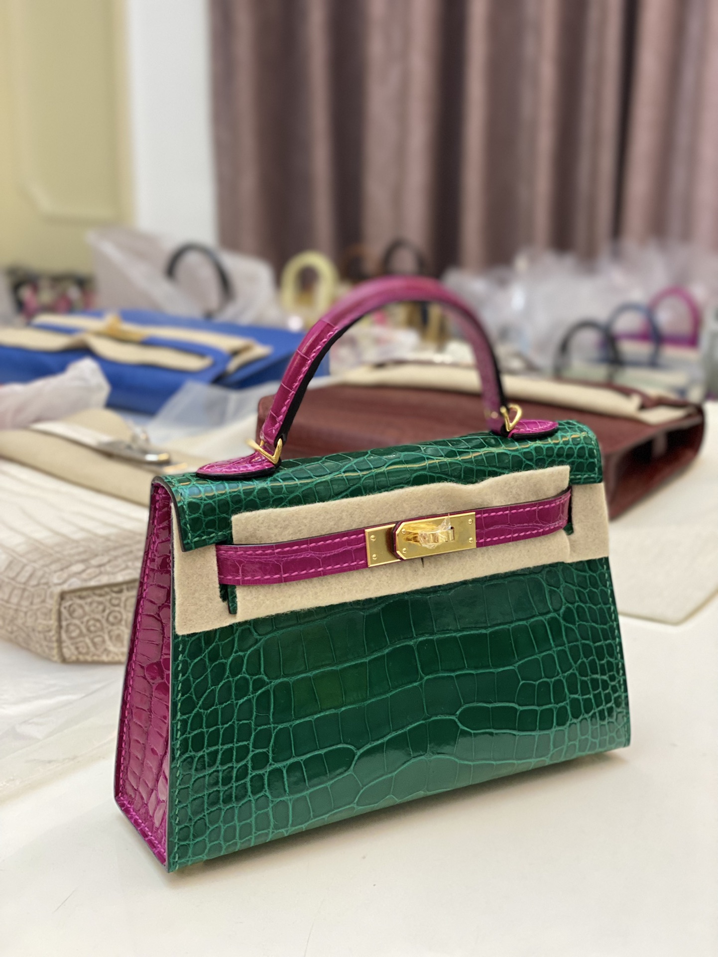 Hermes Kelly Mini II Bag 19CM In Green Purple Shiny Alligator Leather